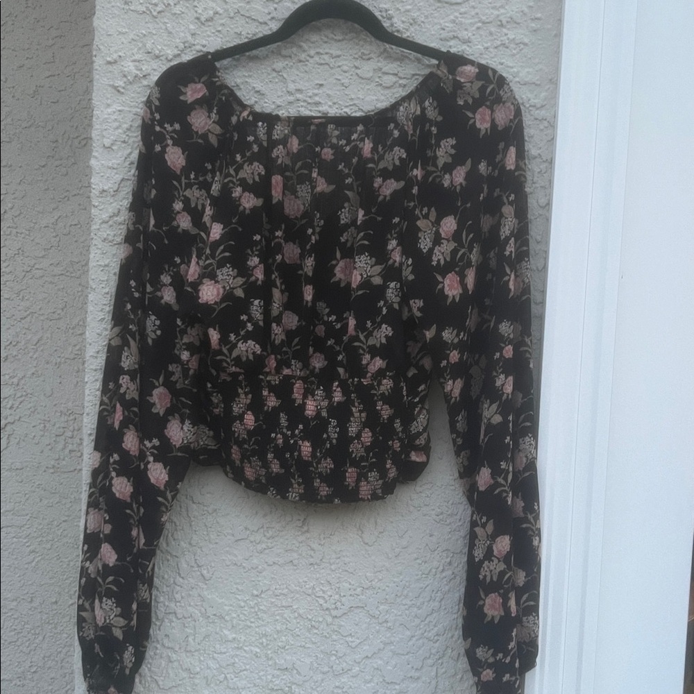 Free People Final Rose Black Combo Balloon Sleeve Blouse Women's Size - Picture 6 of 10